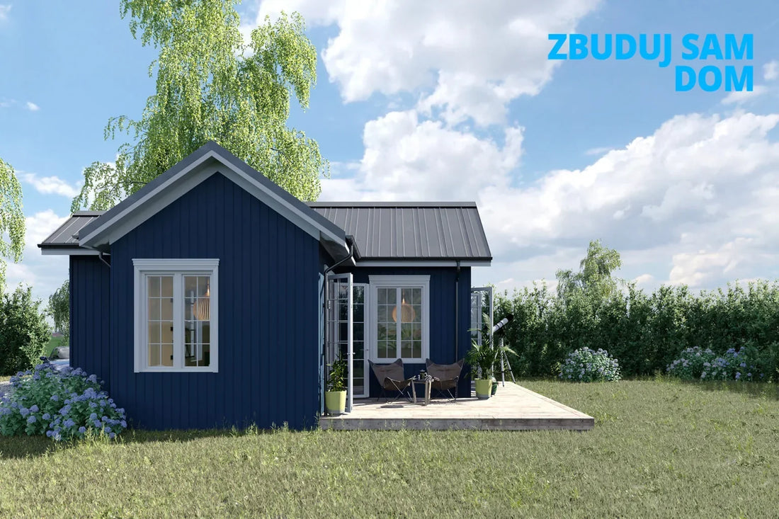 Domek na ROD 35 m2 z drewnianą konstrukcją dachu dwuspadowego przygotowaną do montażu pokrycia dachowego.