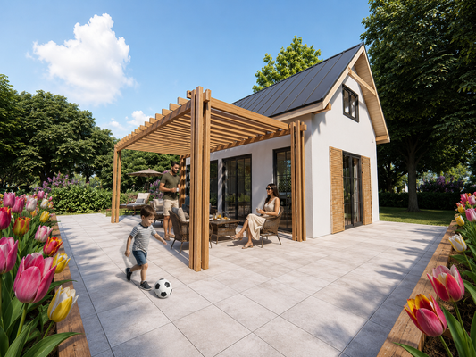 Domek 35 m² na działce ROD z dachem dwuspadowym i antresolą.