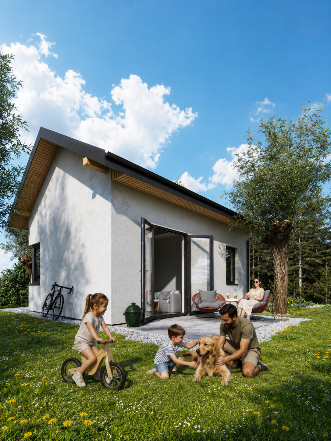 Mały domek 25 m² na działce ROD z prostym dachem i tarasem.