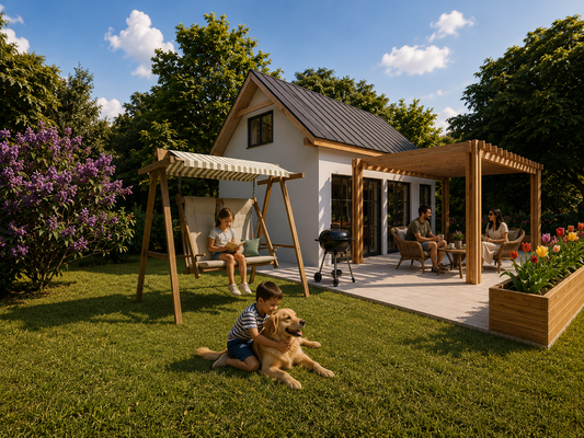 Domek 35 m² z dachem dwuspadowym i antresolą na działce ROD.