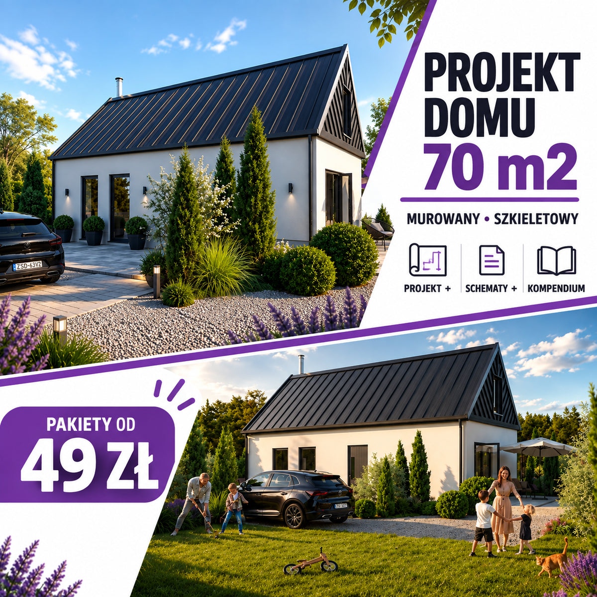 Projekt domu 70 m2 bez pozwolenia – wersja murowana i szkieletowa z instrukcją budowy