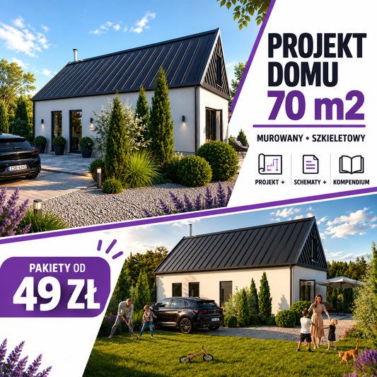 Projekt domu 70 m2 bez pozwolenia – wersja murowana i szkieletowa z instrukcją budowy