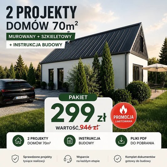 Pakiet 2 projektów domów 70 m² – dom murowany i szkieletowy z instrukcją budowy